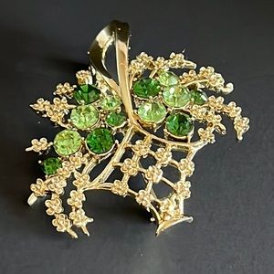 Vintage Green Rhinestone Basket Brooch Pin Dark & Light Crystals Gold Tone